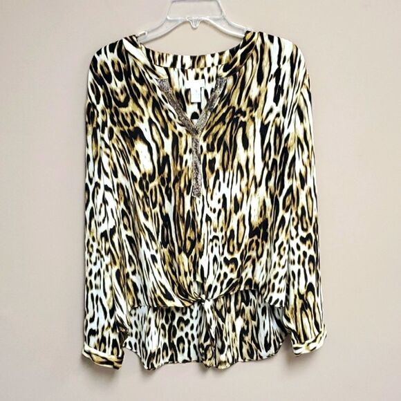CHICO'S Hi-Lo Tie Front Leopard Blouse - Size 3 - Picture 1 of 7